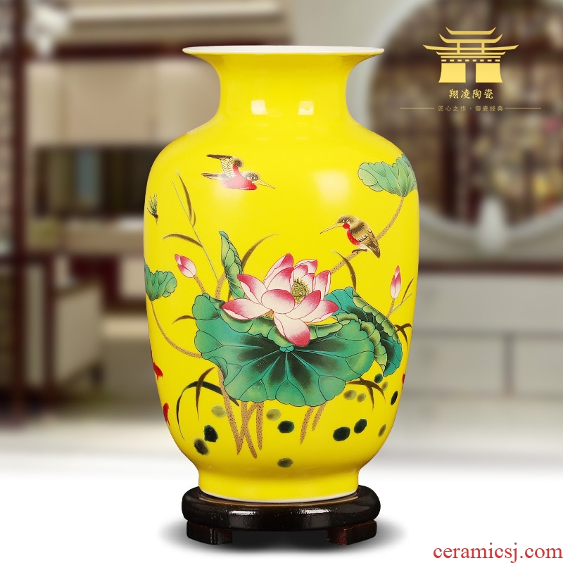 Jingdezhen ceramics yellow floret bottle of lotus flower arranging place Chinese sitting room adornment ark household decoration