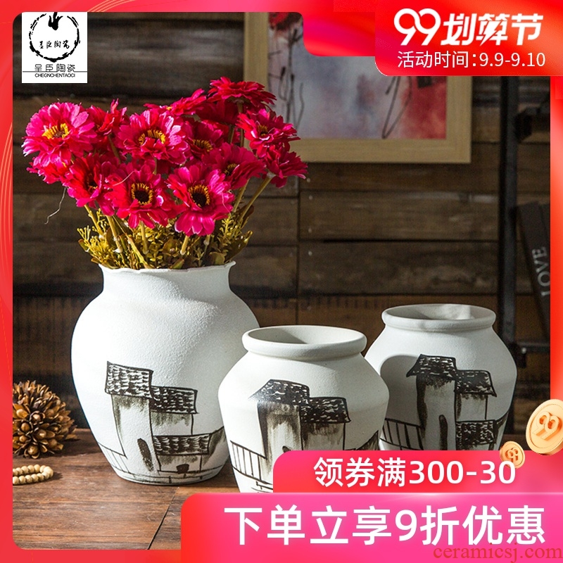 Jingdezhen ceramic bottle retro nostalgia dried flower vase originality and furnishing articles coarse pottery art pottery white decorations