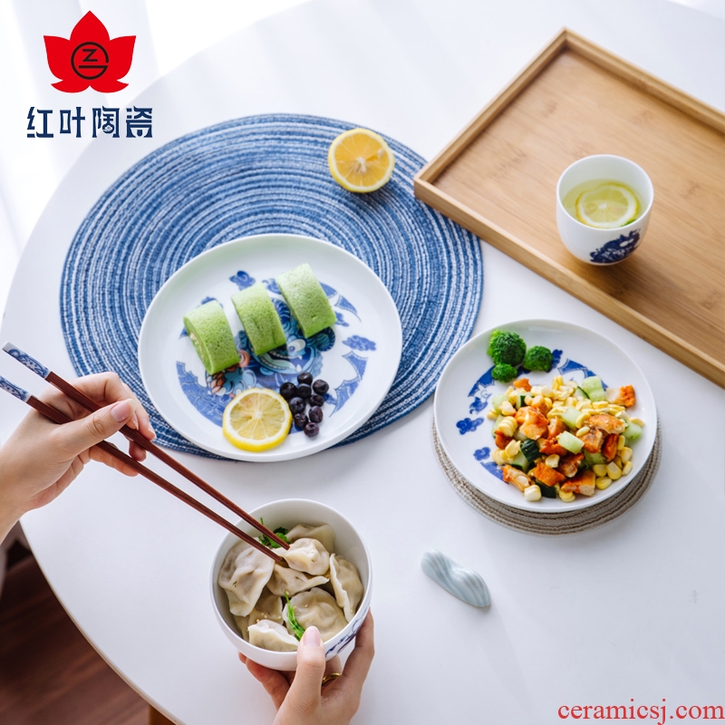 Red ceramic wen gen one box food tableware suit household dish dishes group of Chinese blue and white porcelain glaze