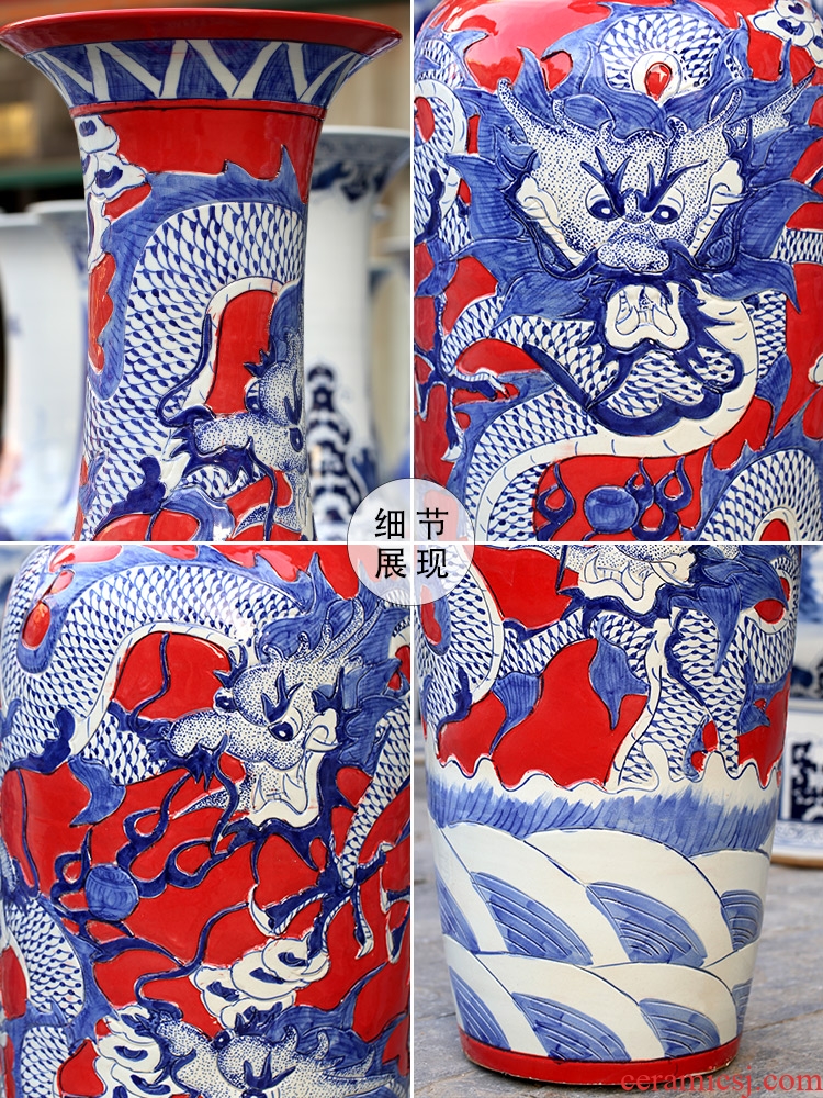 Jingdezhen ceramics new classical Chinese red dragon carving of large vase decoration large hotel porcelain furnishing articles