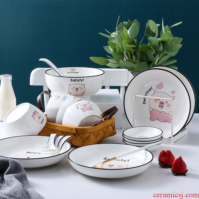 Ceramic dishes suit cute piggy contracted Korean home four dishes chopsticks combination tableware nice bowl