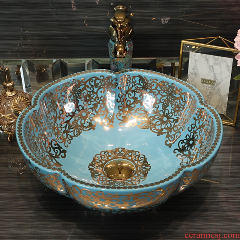 Gold cellnique European art basin of household ceramics basin bathroom basin taps blue gold coloured drawing or pattern