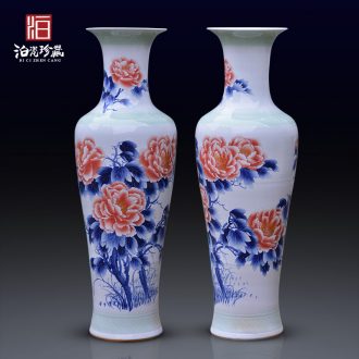 Jingdezhen blue and white peony ceramics of large vases, new Chinese style villa living room hotel opening furnishing articles