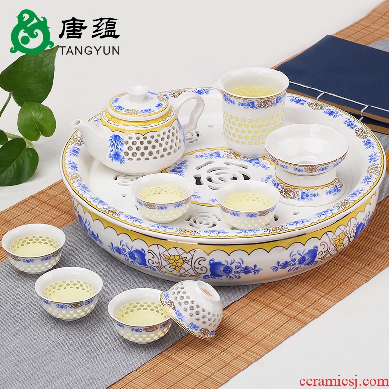 Tang accumulate creative household and exquisite ceramic kung fu tea set tea tray tureen teapot tea cup contracted with tea