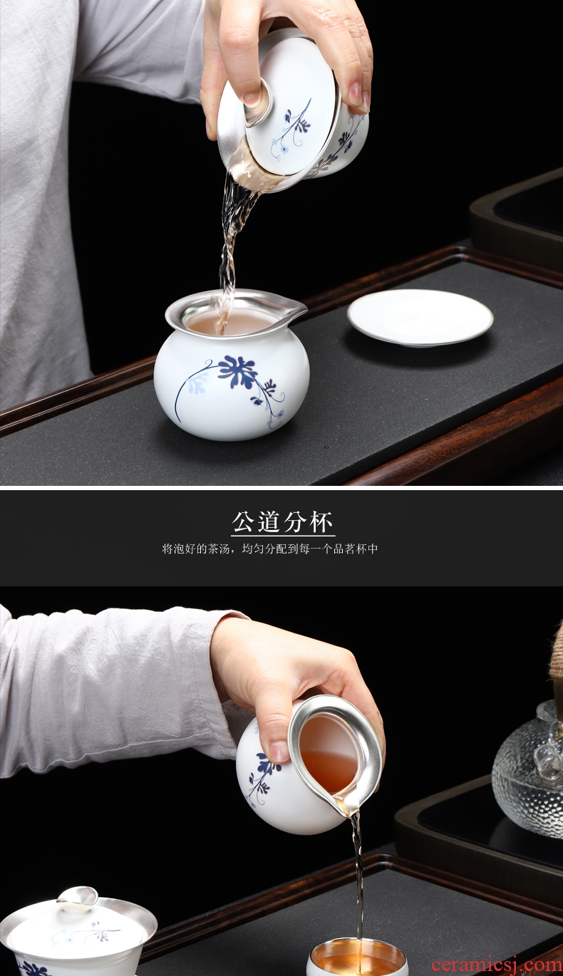 Recreational product coppering.as 6 999 sterling silver tureen kung fu tea set household inferior smooth white paint ceramic gifts suit orchid