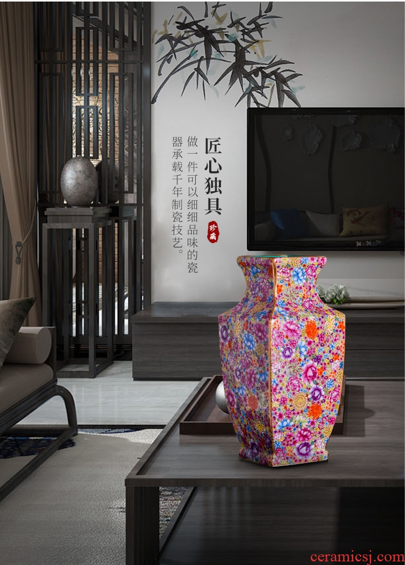 Jingdezhen ceramics powder enamel flower square bottle of the sitting room porch flower arrangement of Chinese style household decoration vase furnishing articles