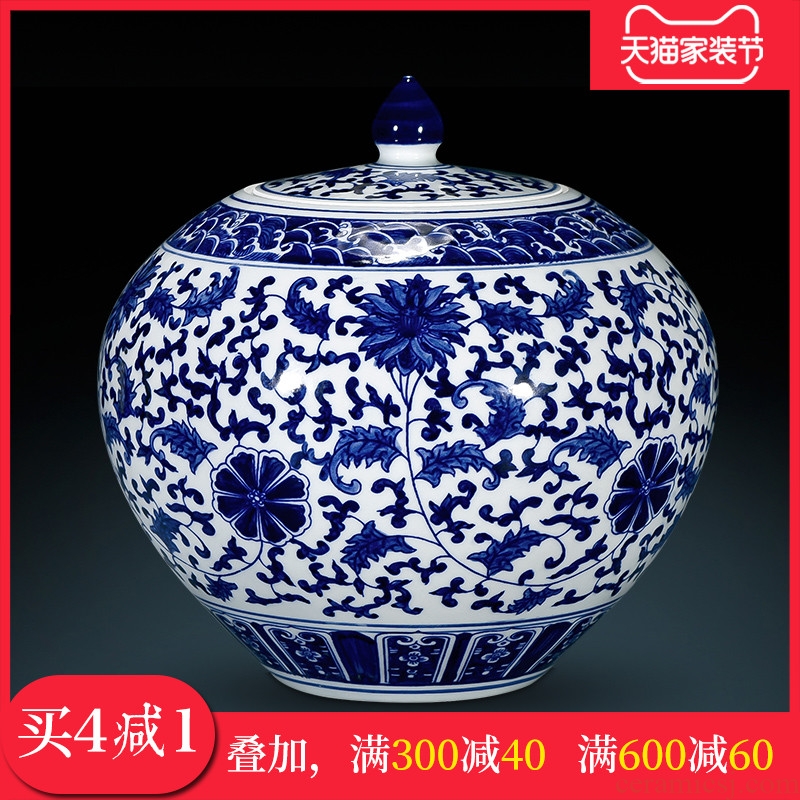 Archaize ceramic vase furnishing articles hand-sketching jingdezhen blue and white porcelain cover tank storage tank is Chinese style living room home decoration