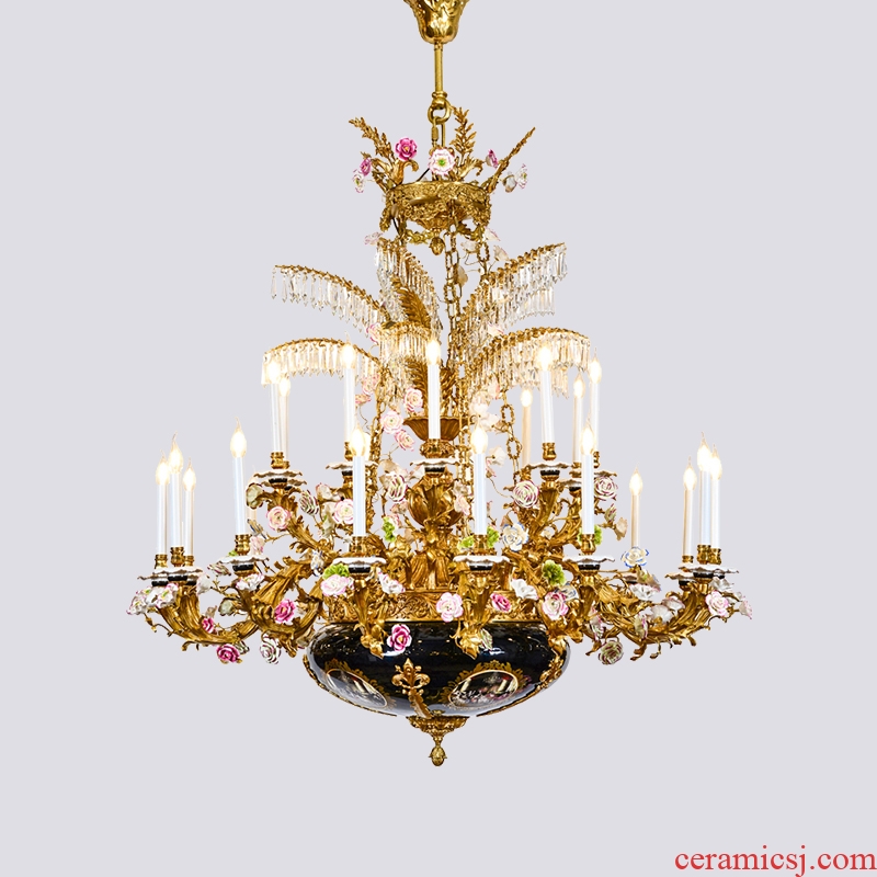 French pure copper chandeliers villa luxury romantic European ceramic crystal lamp double living room light court lamps and lanterns
