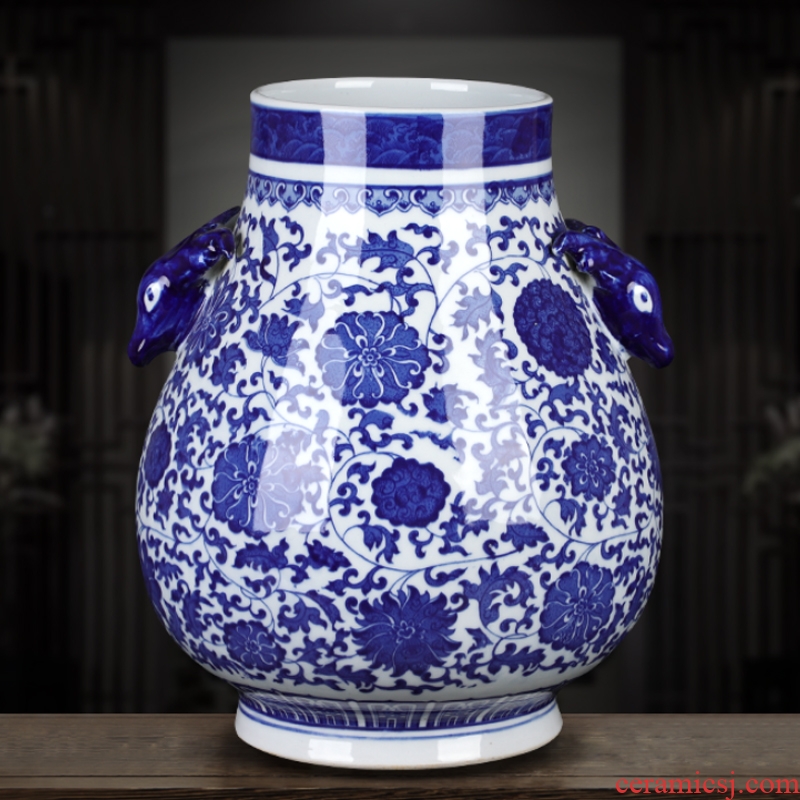 Jingdezhen ceramics large blue and white vase landing ears flower arrangement sitting room adornment of Chinese style household furnishing articles