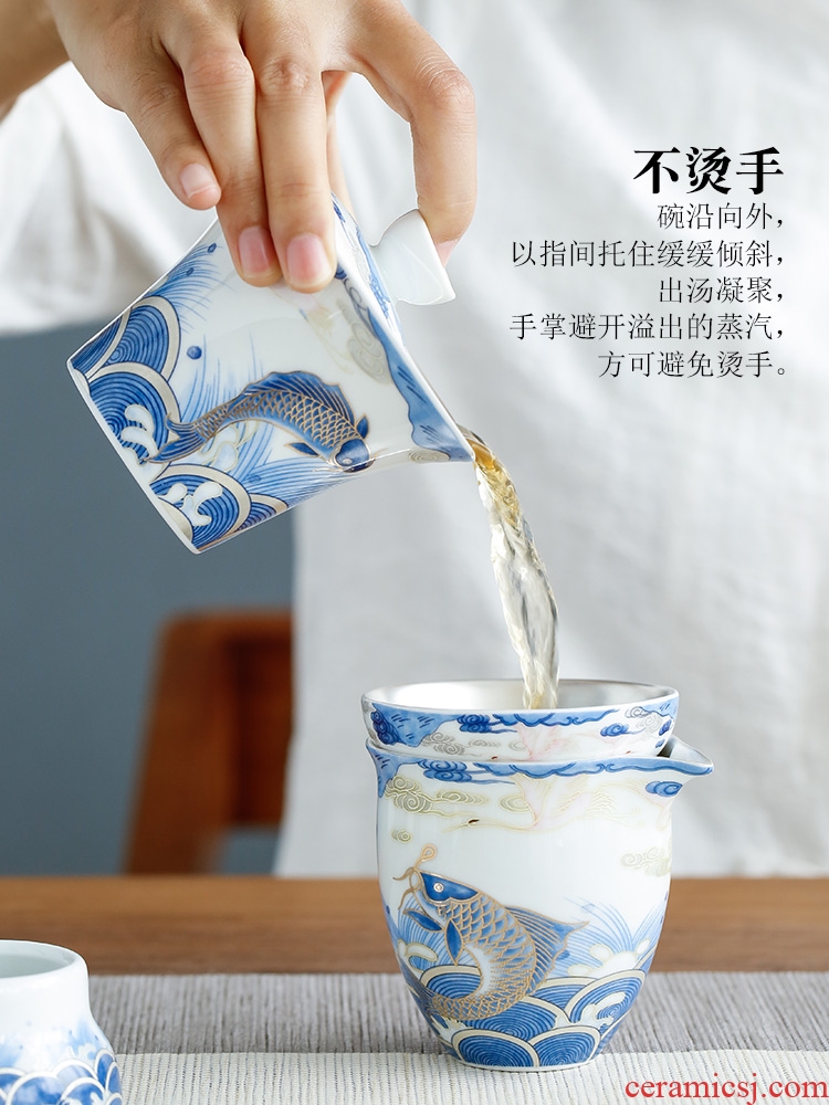 Tasted silver gilding kung fu tea set of blue and white porcelain household ceramic tea tureen tea cups of a complete set of 999 sterling silver gift boxes
