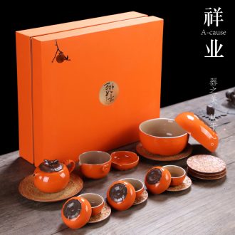 Auspicious industry kung fu tea cup suit Chinese family all the best of a complete set of persimmon ceramic teapot customize logo