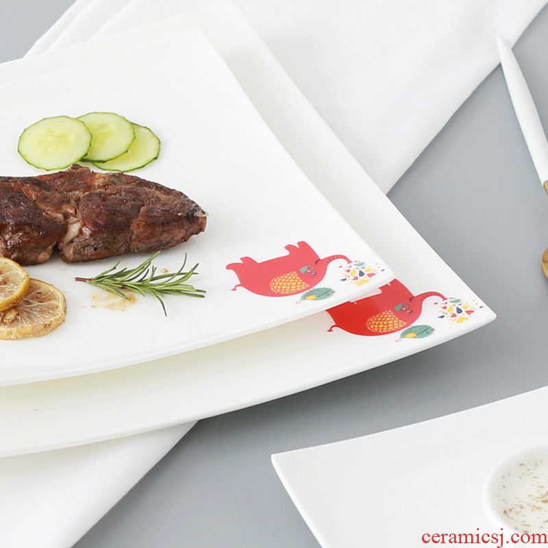 Steak plate plate suit ceramic bone China pure white square creative western food of flat dish plate all the tableware of household