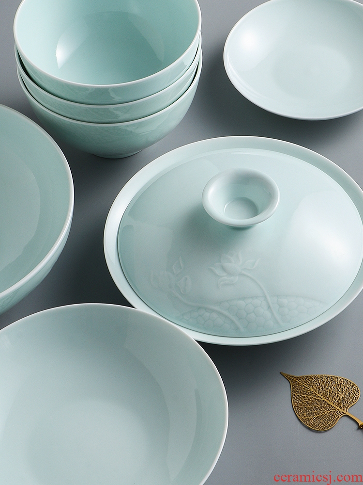 Inky shadow celadon tableware suit of jingdezhen ceramic dishes suit Chinese household bowl lotus open BingDi plate
