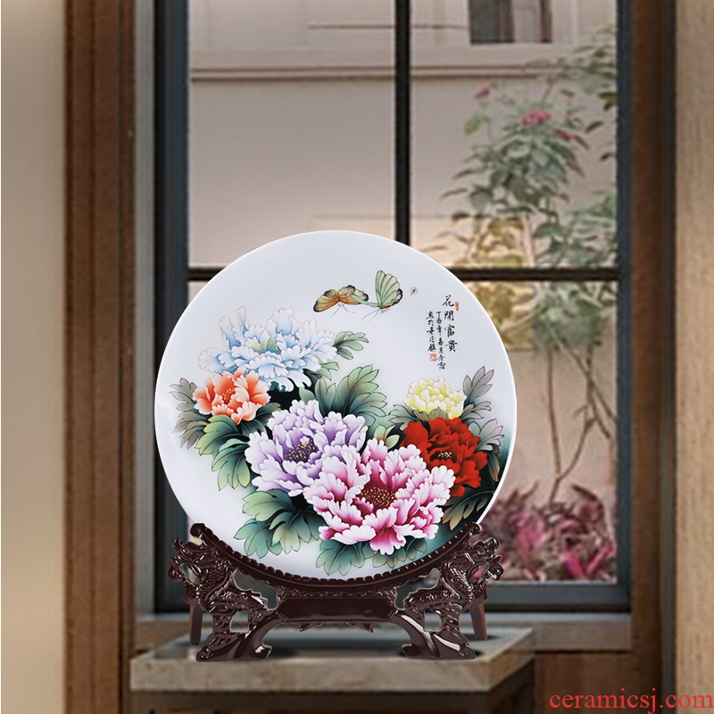 Jingdezhen chinaware decorative hanging dish blooming flowers sitting room new Chinese style home decoration desktop furnishing articles