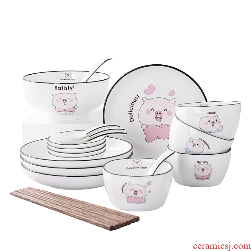 Ceramic dishes suit cute piggy contracted Korean home four dishes chopsticks combination tableware nice bowl