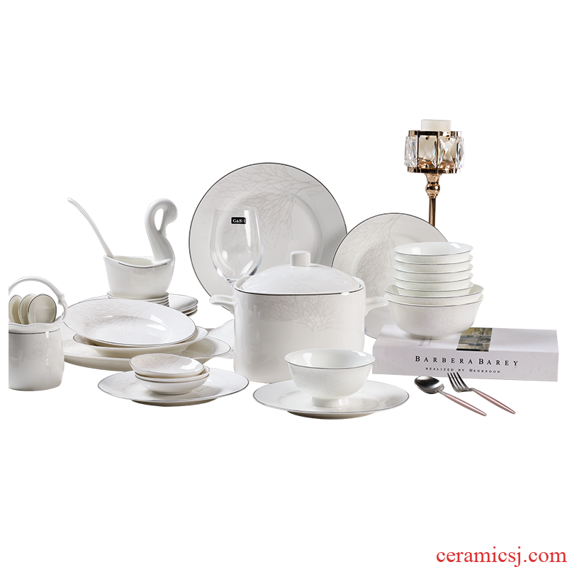 Japanese contracted personality dishes suit domestic high-grade jingdezhen northern wind web celebrity creative silver edge bone porcelain tableware