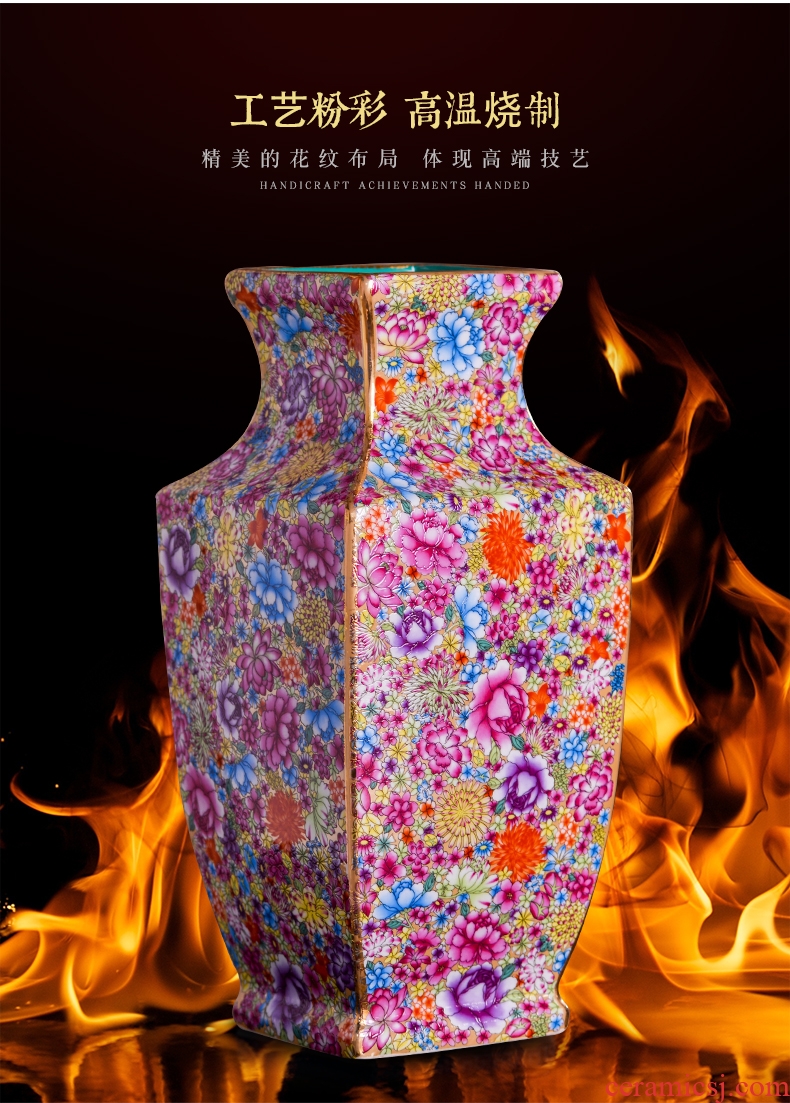 Jingdezhen ceramics powder enamel flower square bottle of the sitting room porch flower arrangement of Chinese style household decoration vase furnishing articles