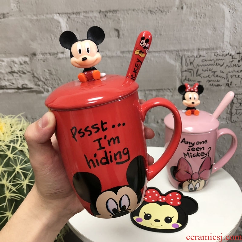 Mickey mark cup with cover spoon ins cartoon cute girl of glass Disney Mickey Mouse ceramic cup