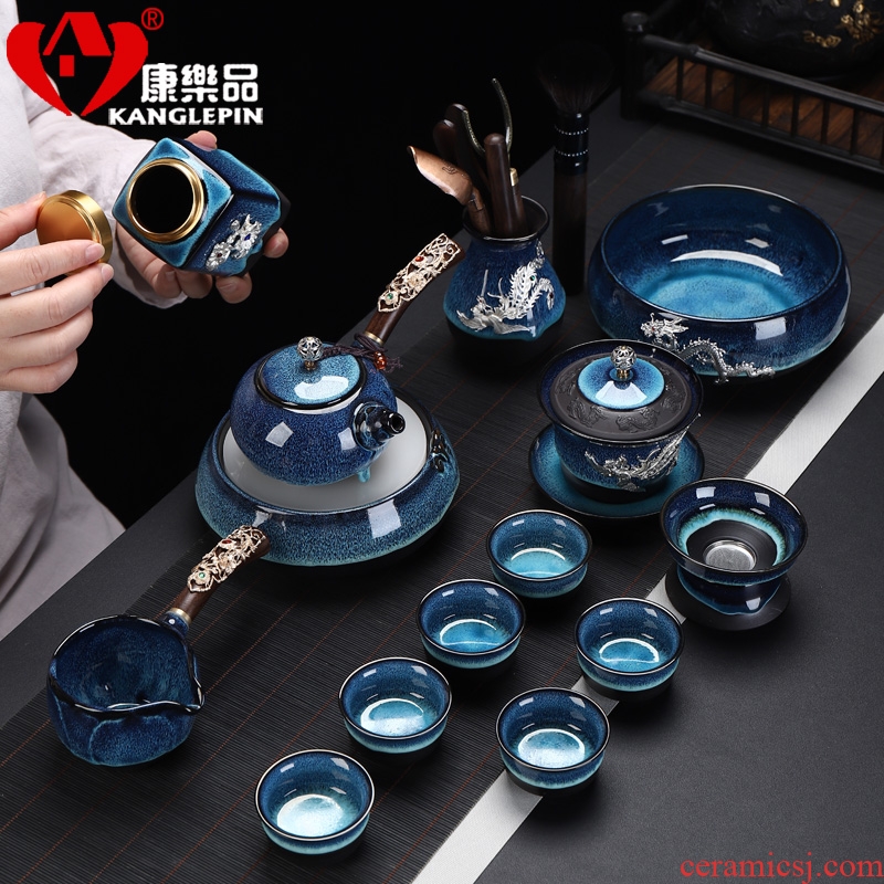 Recreation quality office building light tea suit household kung fu with silver longteng side put the pot of ceramic cups lid bowl