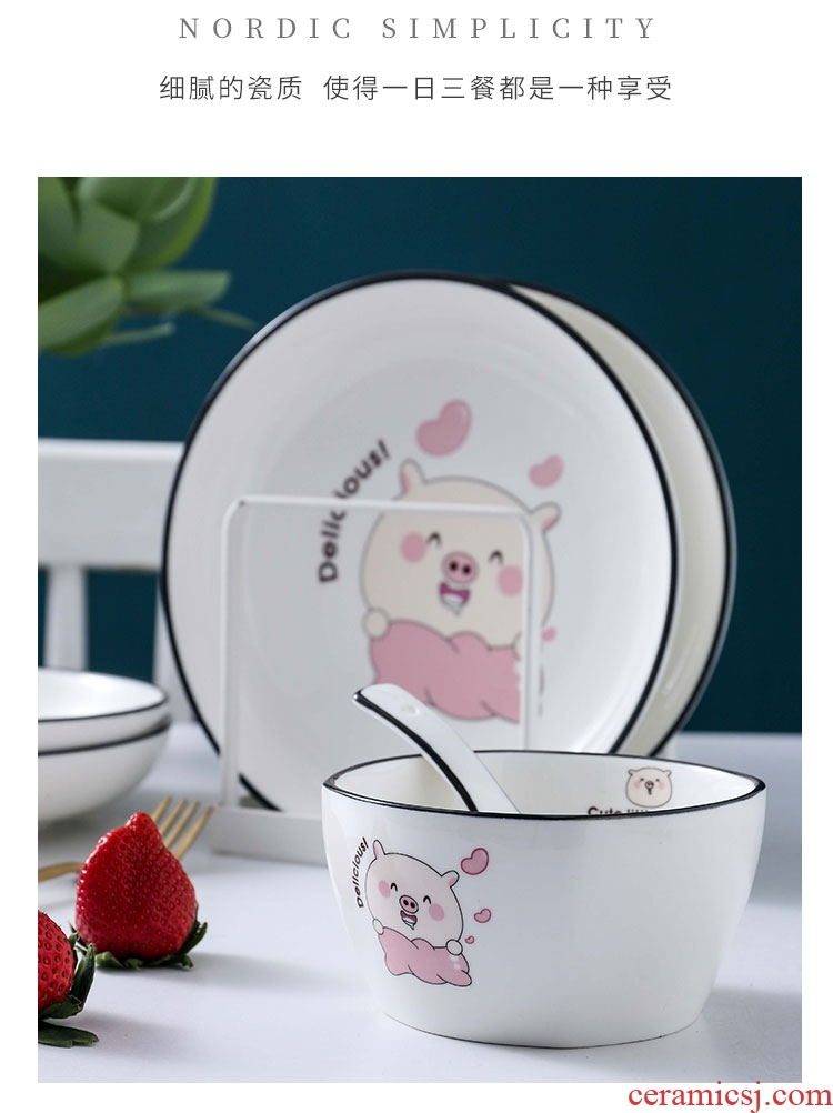 Ceramic dishes suit cute piggy contracted Korean home four dishes chopsticks combination tableware nice bowl