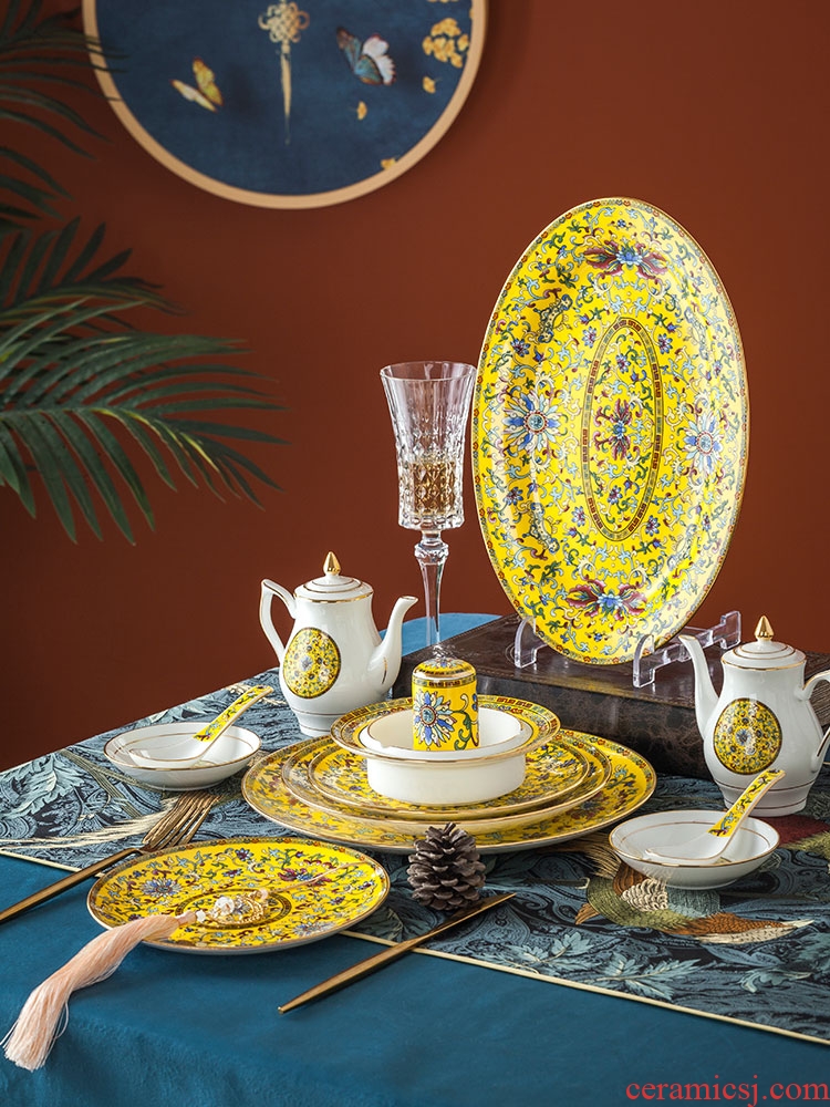 Cutlery set dishes household jingdezhen Chinese luxury high-grade palace colored enamel porcelain tableware bone hotel table