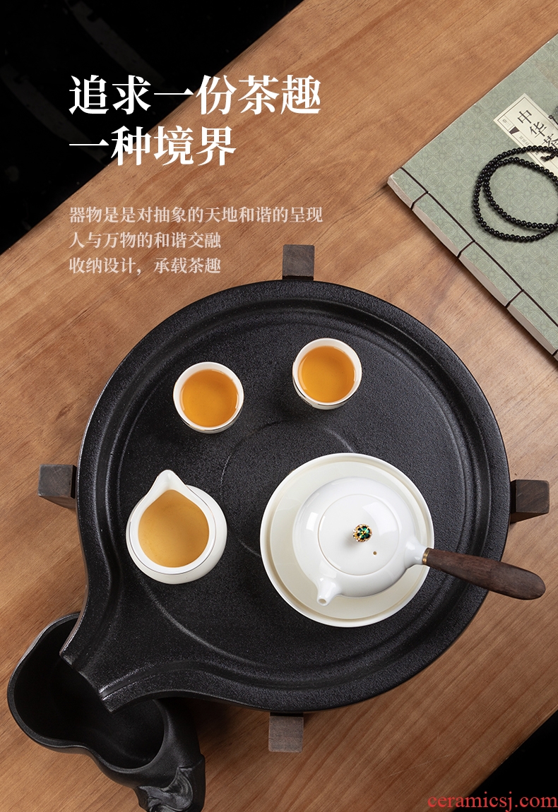 Tea set, ceramic tea tray contracted household solid wood Chinese kung fu suit stone mill dry tea tea