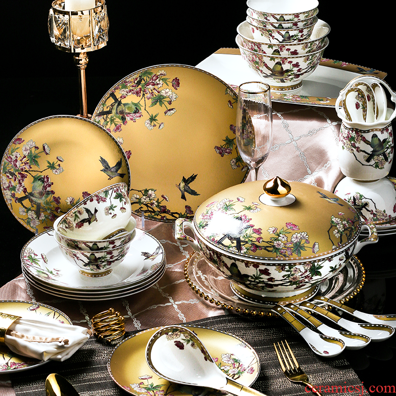 Jingdezhen tableware suit Chinese wind high-end dishes luxury european-style bone bowls disc household 88 wedding gift