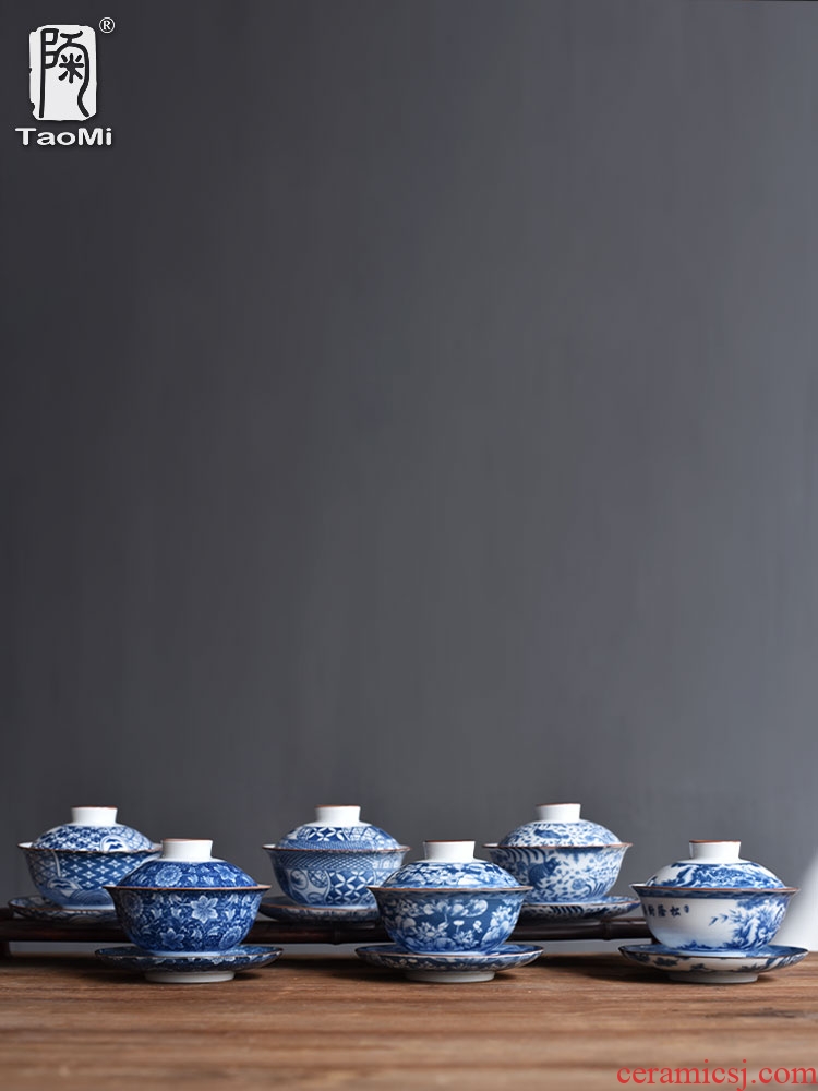 Tao fan tureen large cups of blue and white porcelain jingdezhen kung fu tea set jade porcelain three cup big bowl of household