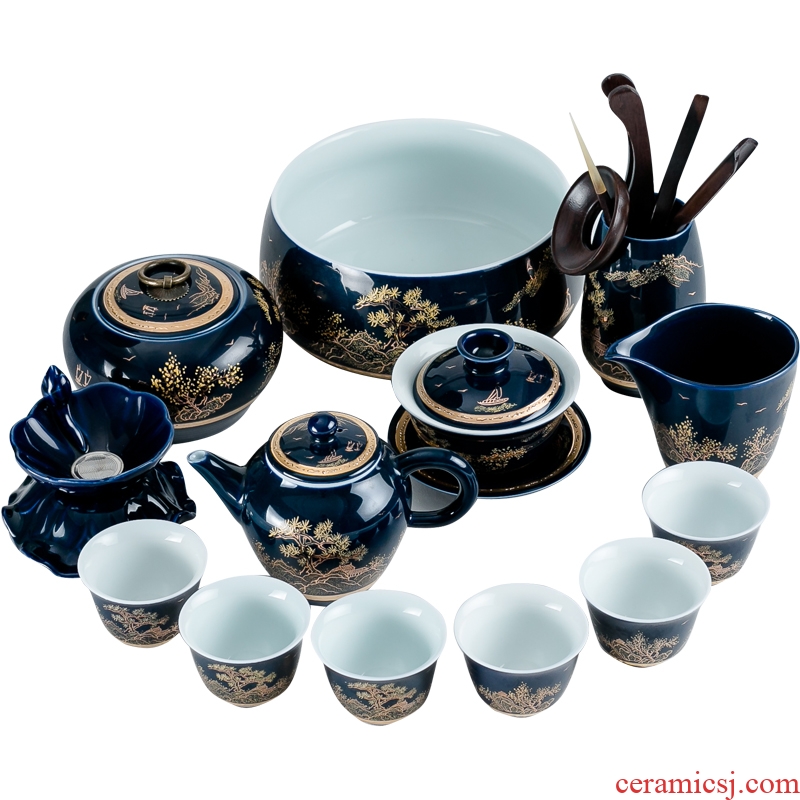 Bin, a complete set of kung fu tea set ji blue glaze ceramic household contracted tea cup lid bowl tea set