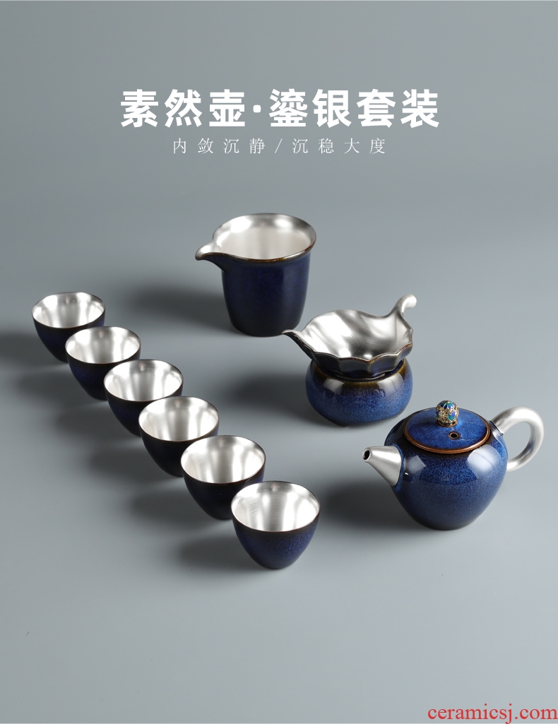 Is good source 999 sterling silver tea set TuHao blue tureen ceramic cups domestic high-grade tea sets gift box