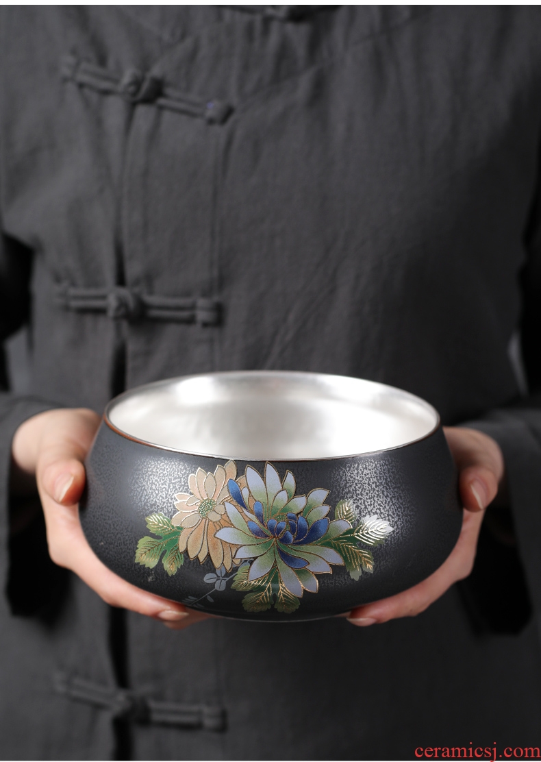 Is good source 999 sterling silver Japanese creative household kung fu tea set lay flowers tasted silver gilding of black ceramic large tea to wash