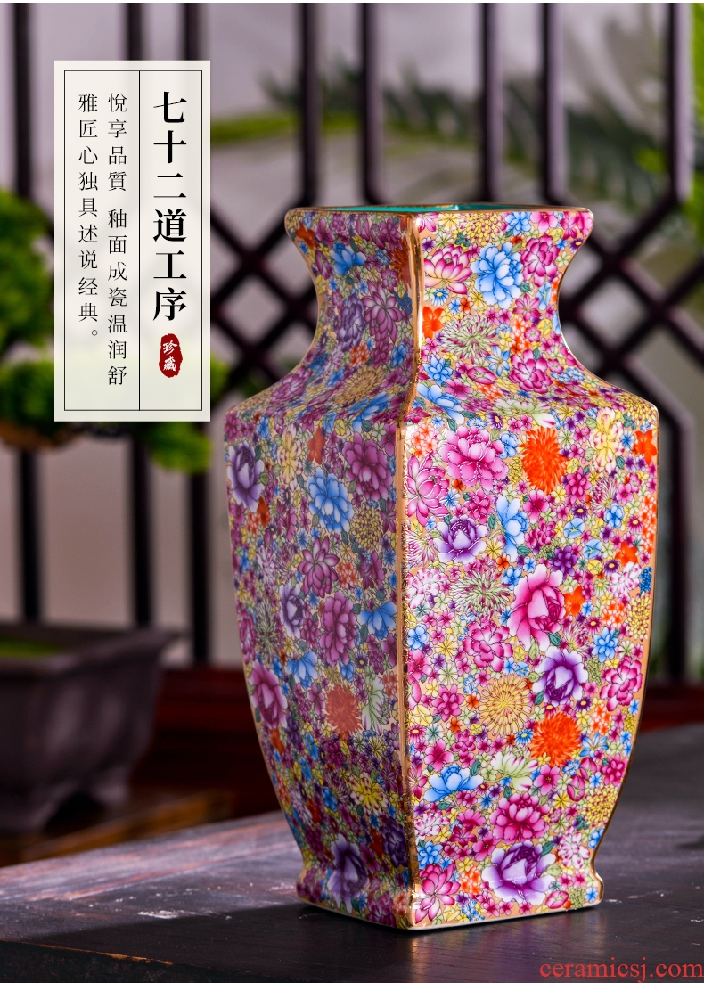 Jingdezhen ceramics powder enamel flower square bottle of the sitting room porch flower arrangement of Chinese style household decoration vase furnishing articles