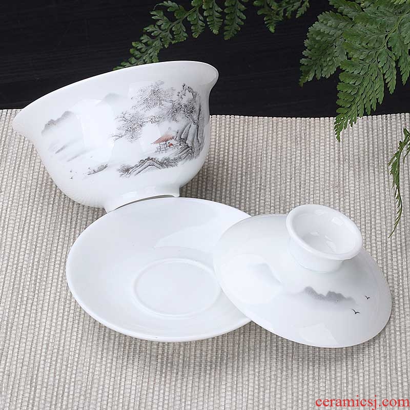 Tang Yunchun manual only three tureen jingdezhen thin foetus white jade porcelain cups tea bowl of Japanese household kung fu tea set