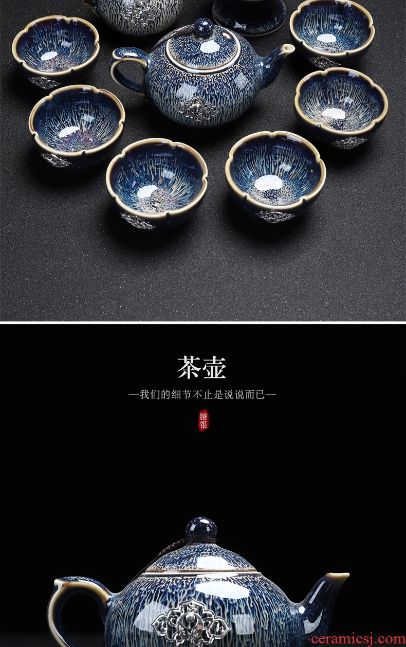 Recreational product jingdezhen kiln built red glaze, office tea set oil droplets of a complete set of silver inlaid auspicious sweet