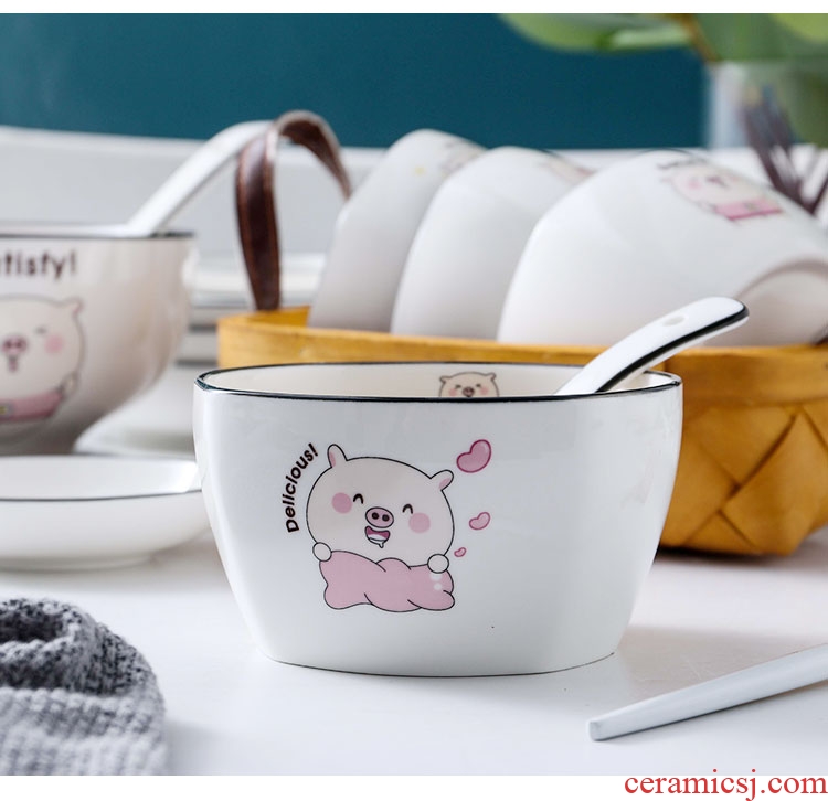 Ceramic dishes suit cute piggy contracted Korean home four dishes chopsticks combination tableware nice bowl