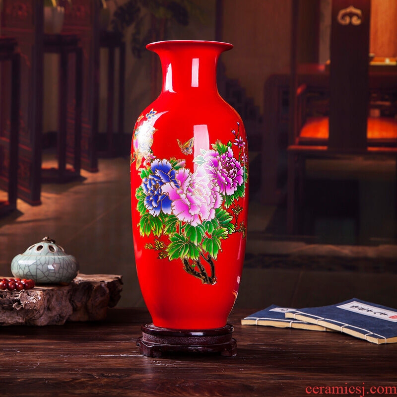 Jingdezhen ceramics blooming flowers red vase peony bottle home living room decoration handicraft furnishing articles