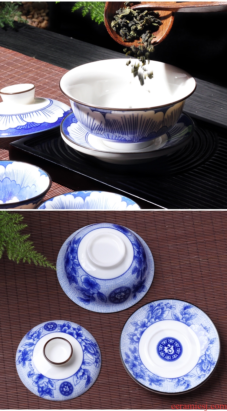 Kung fu tang yun single tureen large tea cups for blue and white porcelain tea bowl of white porcelain only three ceramic tea set