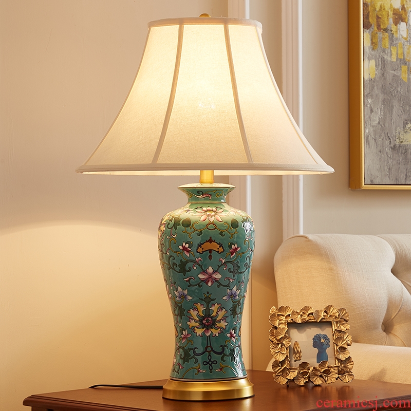 American sitting room bedroom berth lamp european-style villa rural new Chinese style sofa tea table full copper ceramic lamp