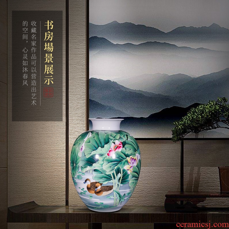 Jingdezhen ceramics hand-painted pastel yuanyang ground flower arranging large vases, new Chinese style decorates sitting room household furnishing articles