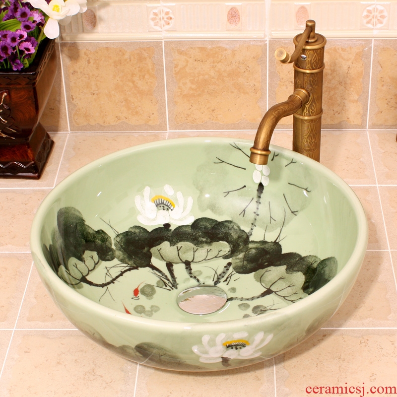 Jingdezhen JingYuXuan ceramic wash basin stage basin sink art basin basin hand-painted on green lotus