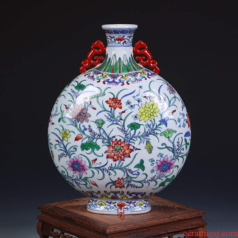 Jingdezhen porcelain factory goods cultural revolution hand-painted porcelain dou colors lotus flower grain ears flat bottle vase home furnishing articles