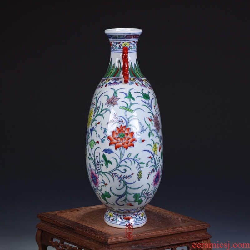 Jingdezhen porcelain factory goods cultural revolution hand-painted porcelain dou colors lotus flower grain ears flat bottle vase home furnishing articles