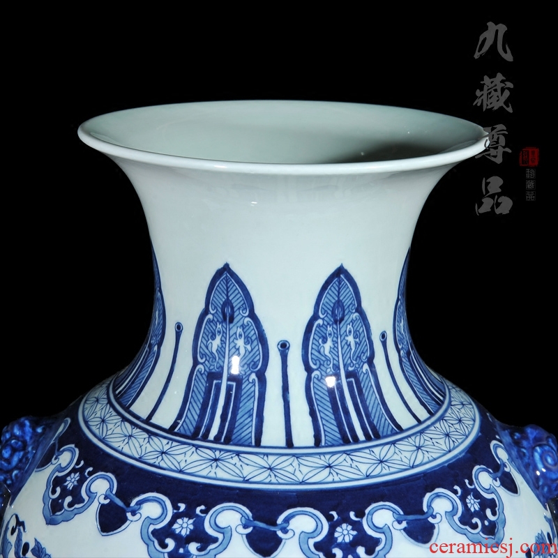 Jingdezhen ceramics antique hand-painted double lion big ears in extremely good fortune of blue and white porcelain vase sitting room home furnishing articles
