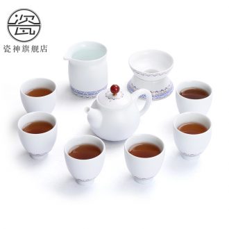 Porcelain god gift boxes of a complete set of matte ethnic wind household ceramics kung fu tea set suit white porcelain teapot teacup contracted