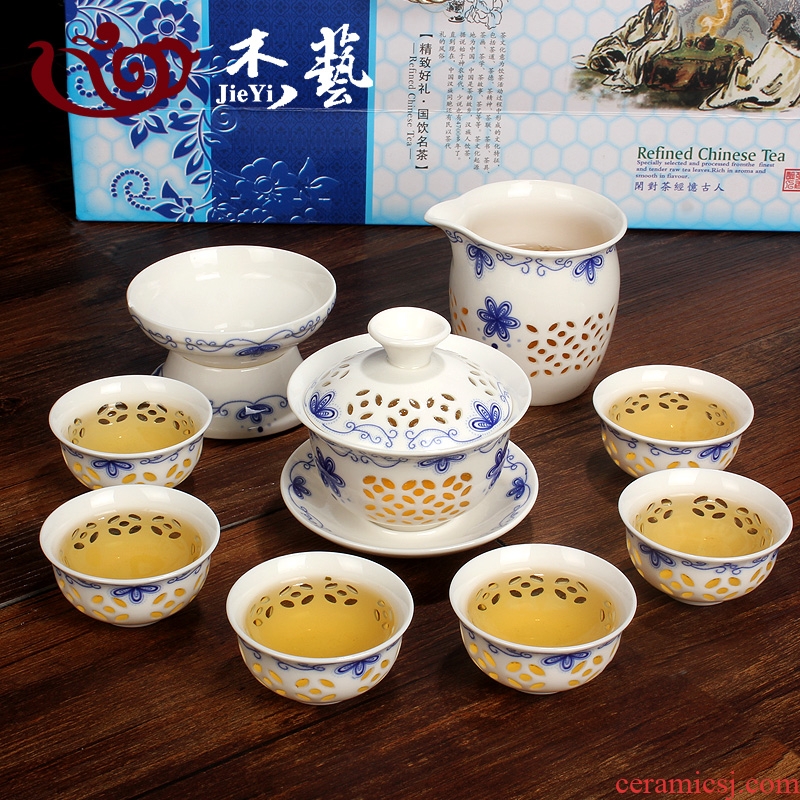 Jay blue and white and exquisite tea sets with gift box thin foetus ceramic art kung fu tea set hollow out of a complete set of tea cups tureen