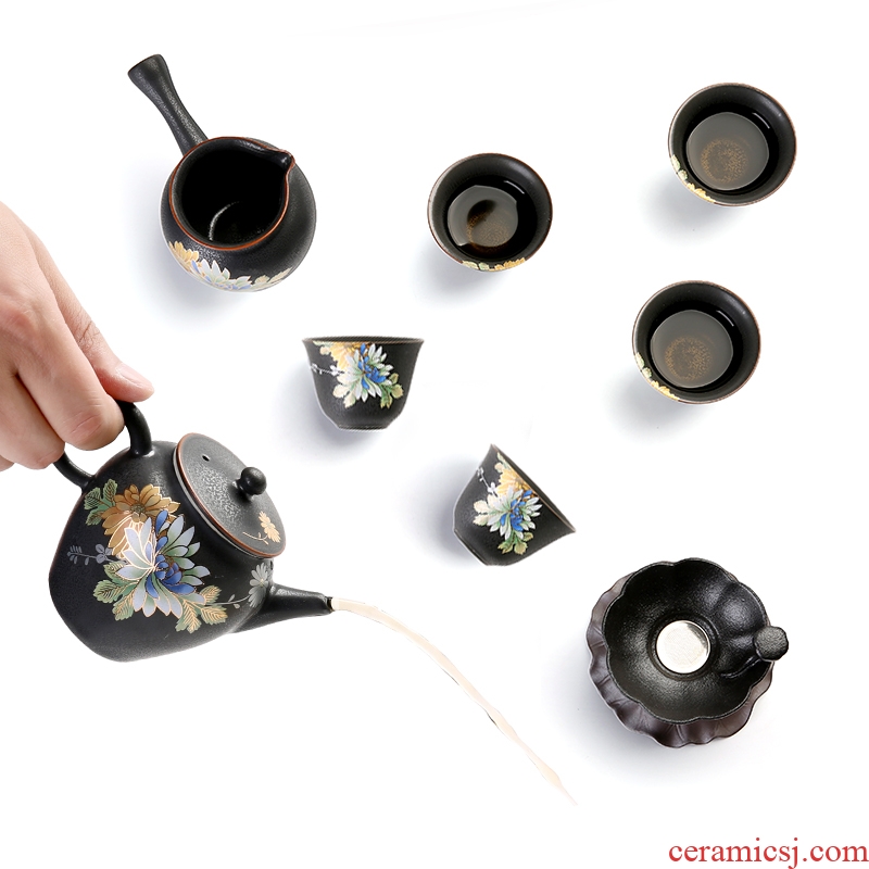 Modern creative ceramic kung fu tea set suit household contracted Japanese variable on flower teapot teacup set