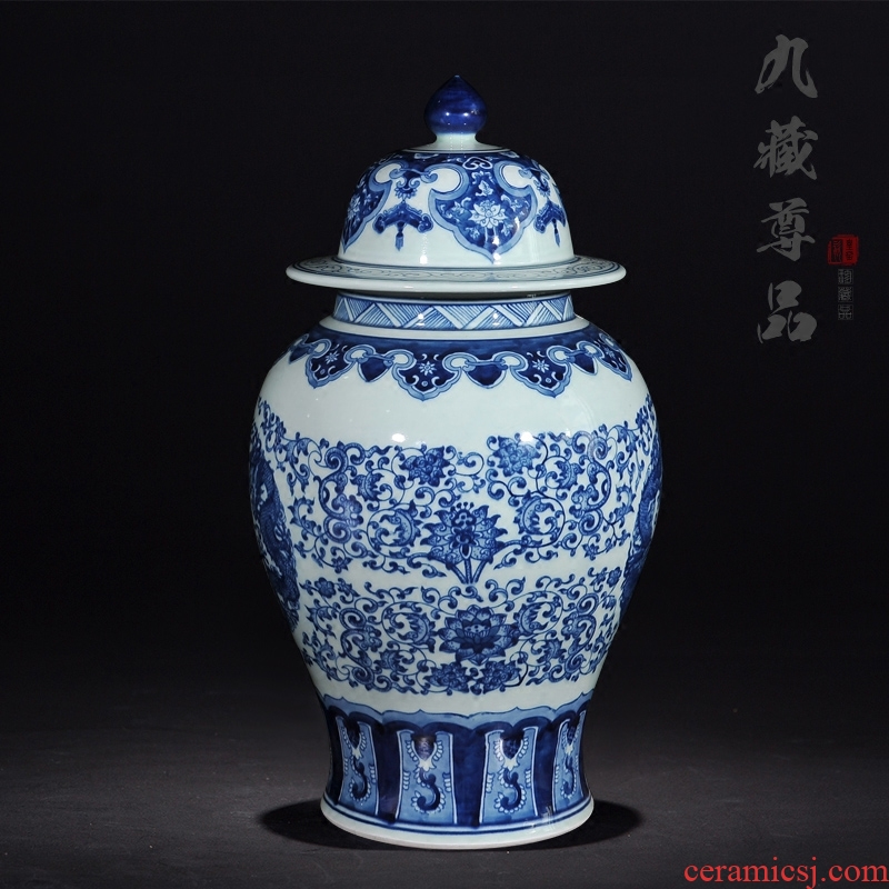 Jingdezhen ceramic vases, antique general blue dragon playing bead tank storage tank Chinese sitting room adornment is placed