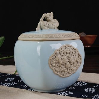 The great east west tea pot size ceramic POTS guanyao anaglyph kirin celadon seal Chinese black tea caddy size