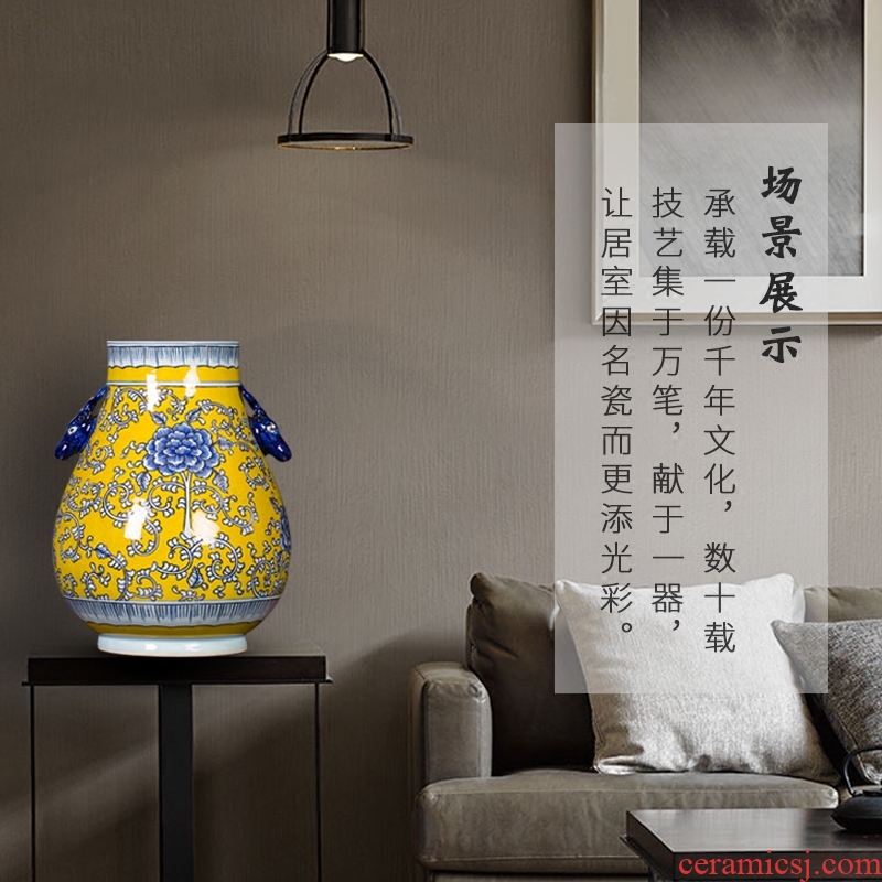 Jingdezhen ceramic vase hand-painted antique yellow blue and white porcelain paint deer head statue of painting and calligraphy study adornment furnishing articles