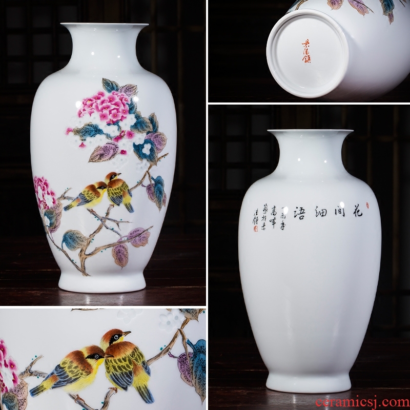 Jingdezhen ceramic vase pastel hand-painted thin foetus carving exquisite modern Chinese style living room porch decoration furnishing articles